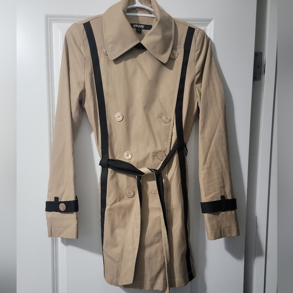 XS DKNY Black & Tan Trench Coat - Picture 3 of 4